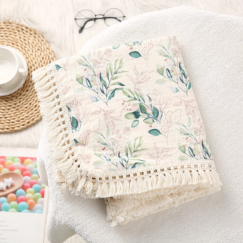 Couverture Gaze & Pompons – Douceur Coton pour Nouveau-né