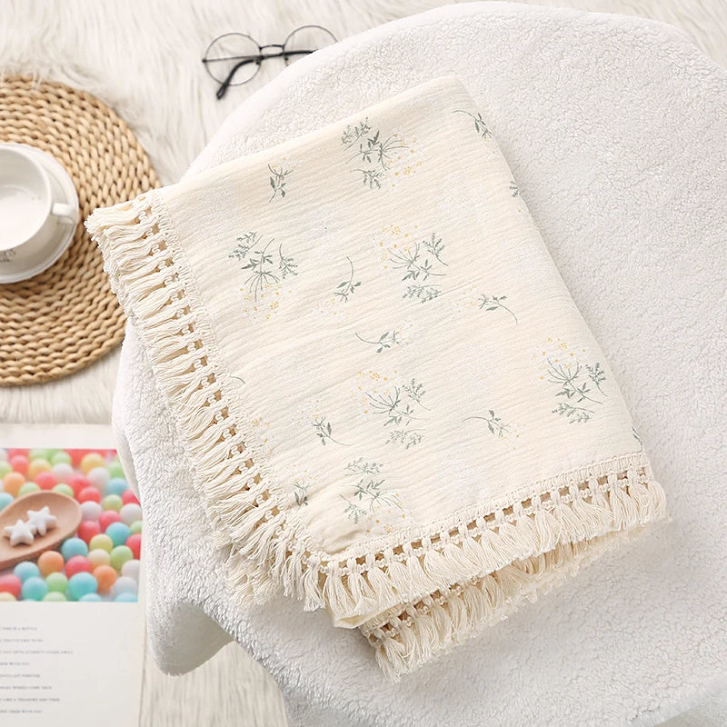 Couverture Gaze & Pompons – Douceur Coton pour Nouveau-né