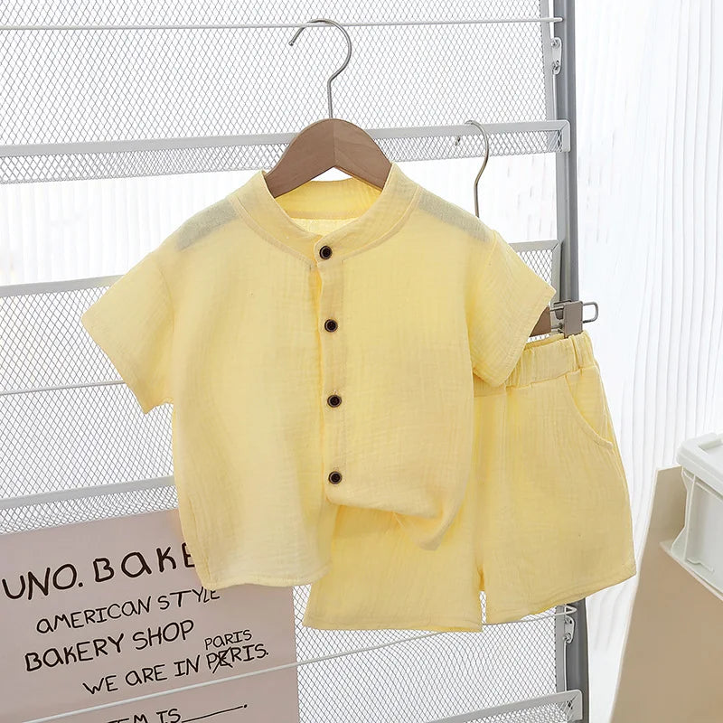 Ensemble Été Boutonné – T-shirt & Short en Coton Doux (Mixte)