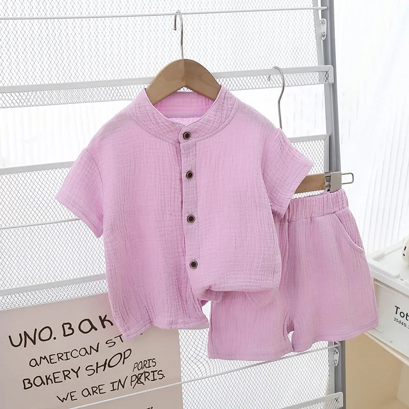 Ensemble Été Boutonné – T-shirt & Short en Coton Doux (Mixte)