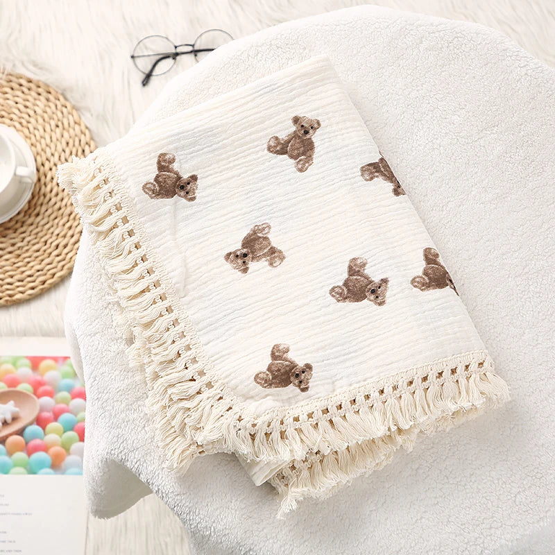 Couverture Gaze & Pompons – Douceur Coton pour Nouveau-né