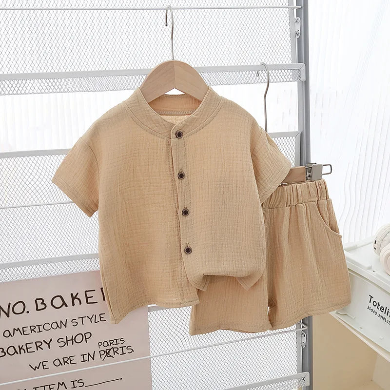 Ensemble Été Boutonné – T-shirt & Short en Coton Doux (Mixte)