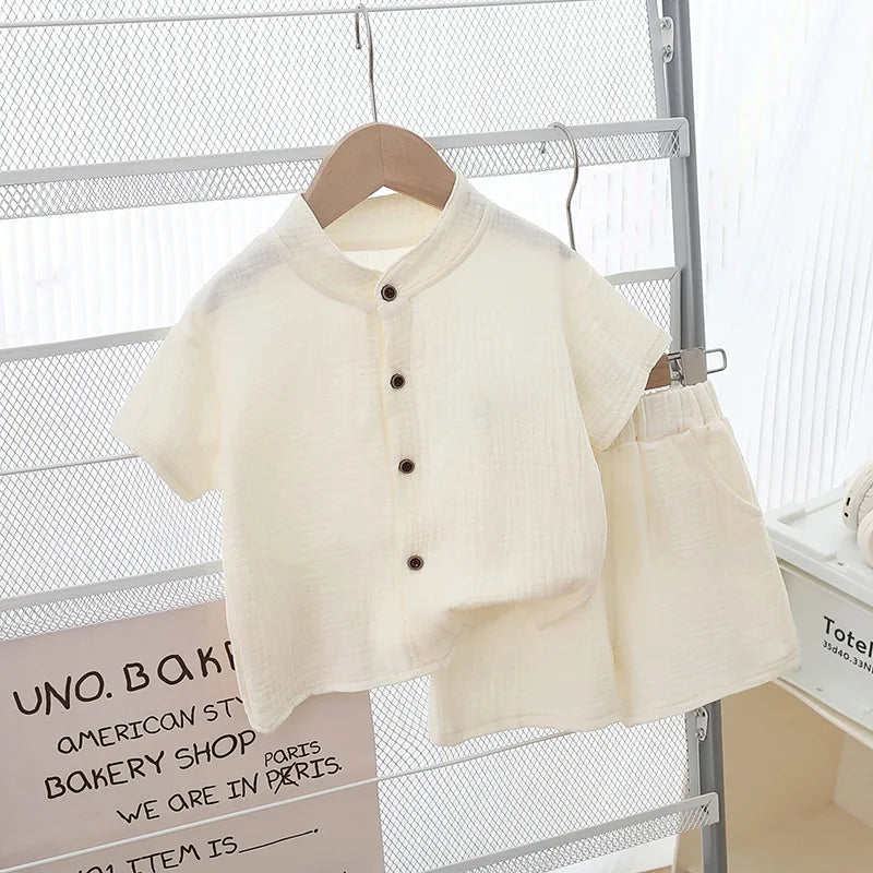 Ensemble Été Boutonné – T-shirt & Short en Coton Doux (Mixte)