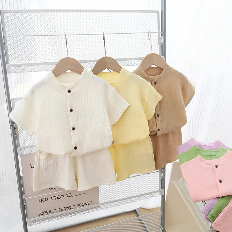 Ensemble Été Boutonné – T-shirt & Short en Coton Doux (Mixte)