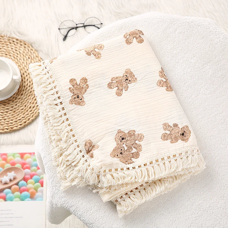 Couverture Gaze & Pompons – Douceur Coton pour Nouveau-né