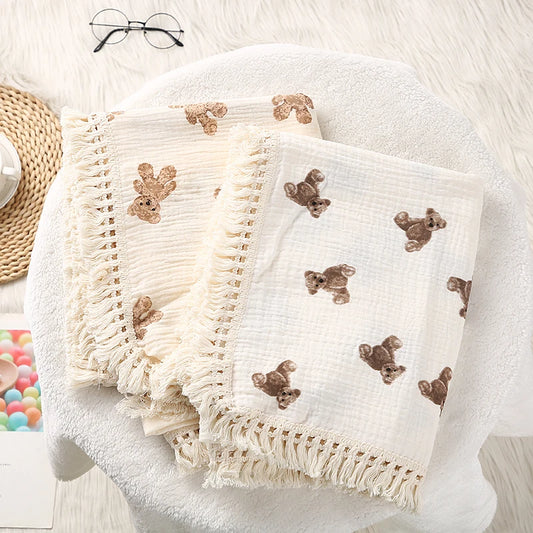 Couverture Gaze & Pompons – Douceur Coton pour Nouveau-né