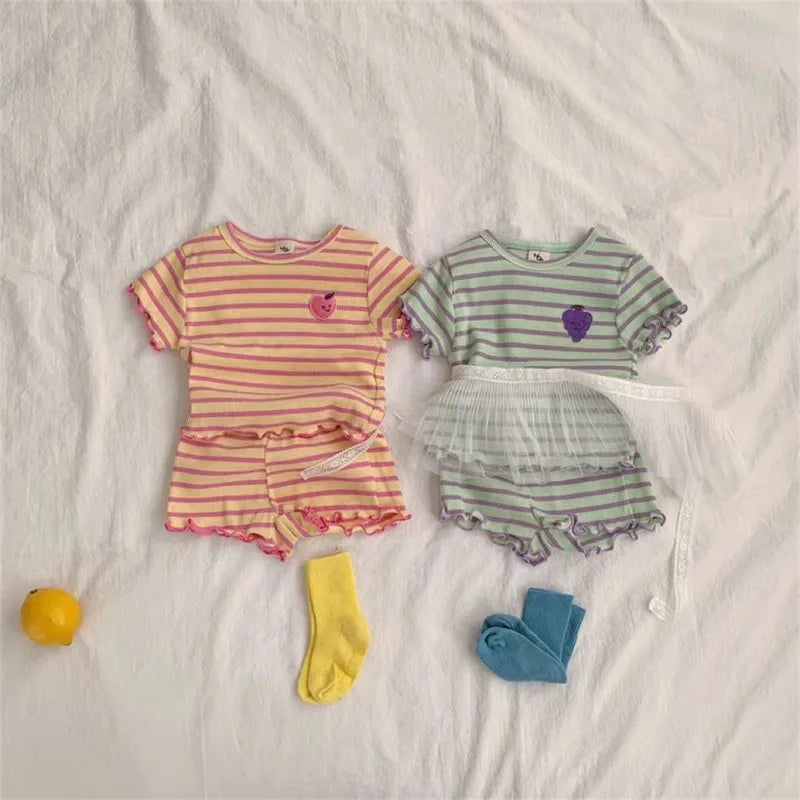 Ensemble Duo Framboise Rayé - t-shirt et short volanté