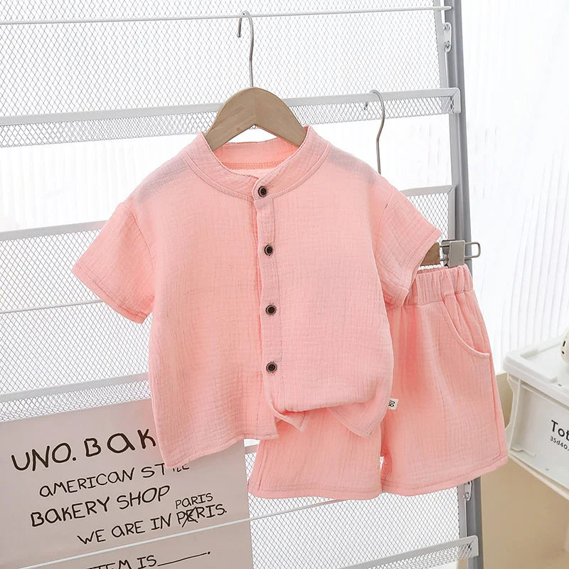 Ensemble Été Boutonné – T-shirt & Short en Coton Doux (Mixte)